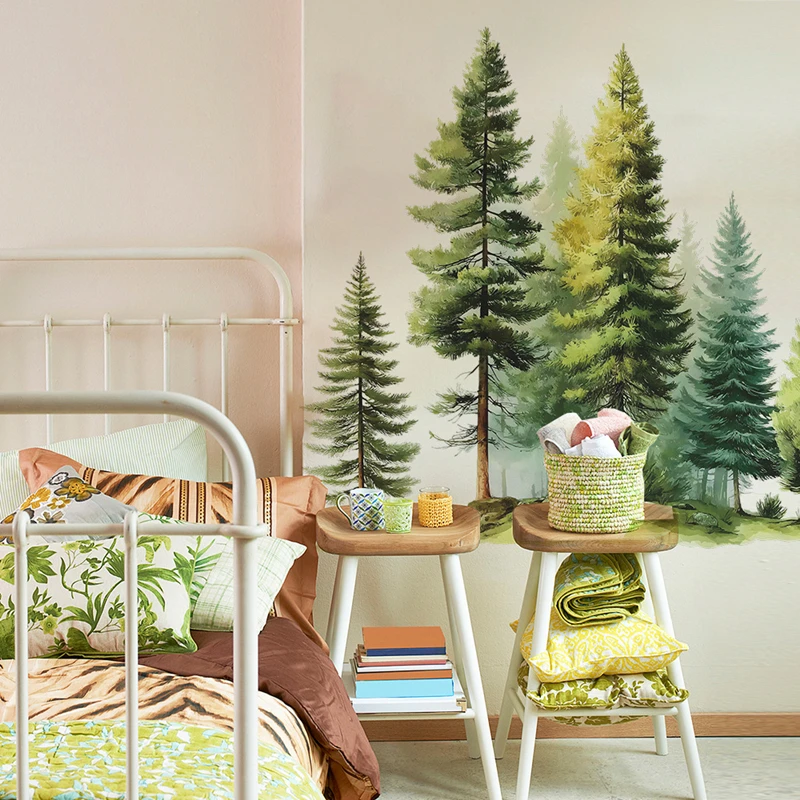 Larger Scenery Mural Evergreen Tree Pine Forest Vinyl Wall Baseboard Stickers Removable for Home Decoration Aesthetic Room Porch