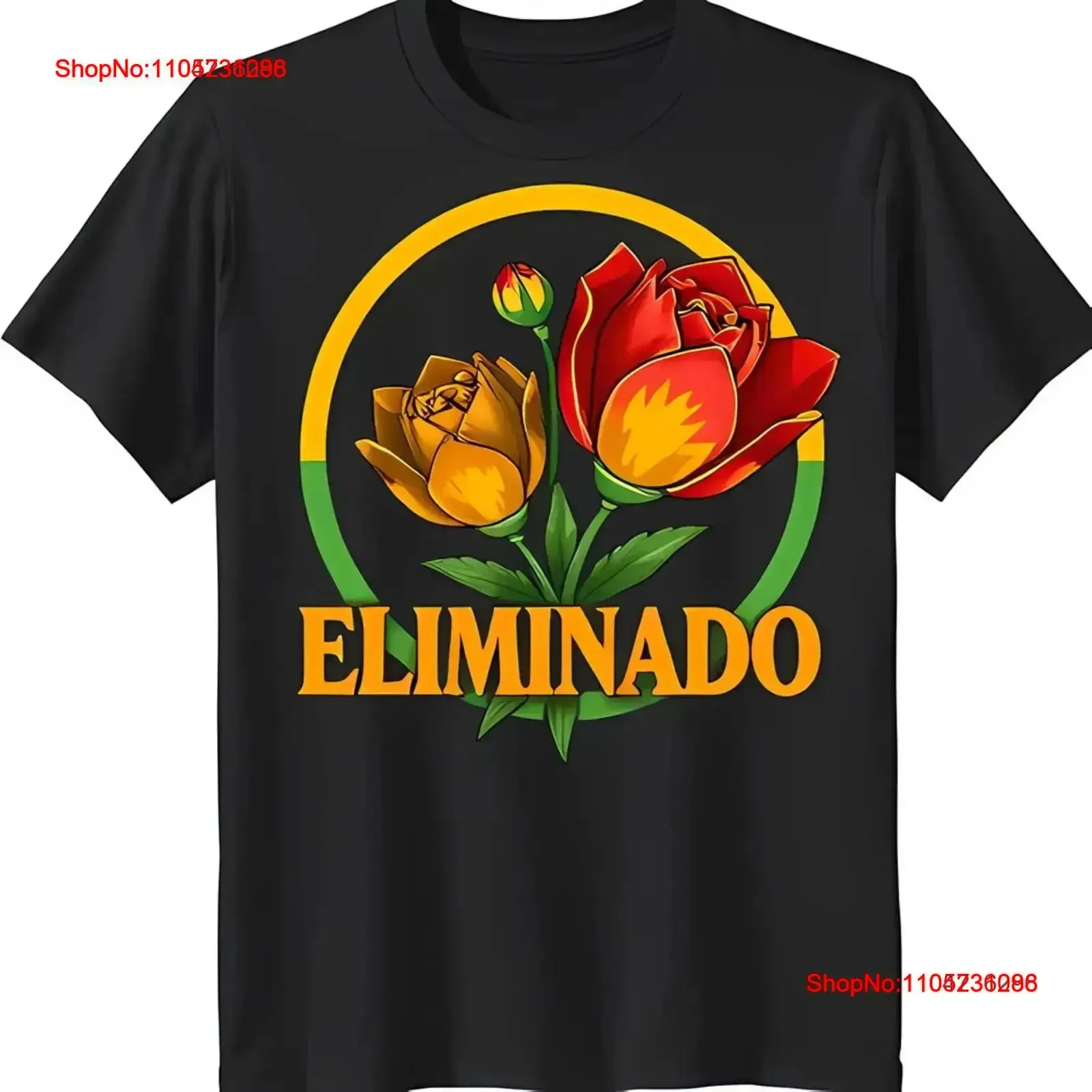 تي شيرت أسود نابض بالحياة بتصميم زهور 'ELIMINADO' نمط فريد من نوعه برسومات مغسولة عتيقة للارتداء اليومي #1