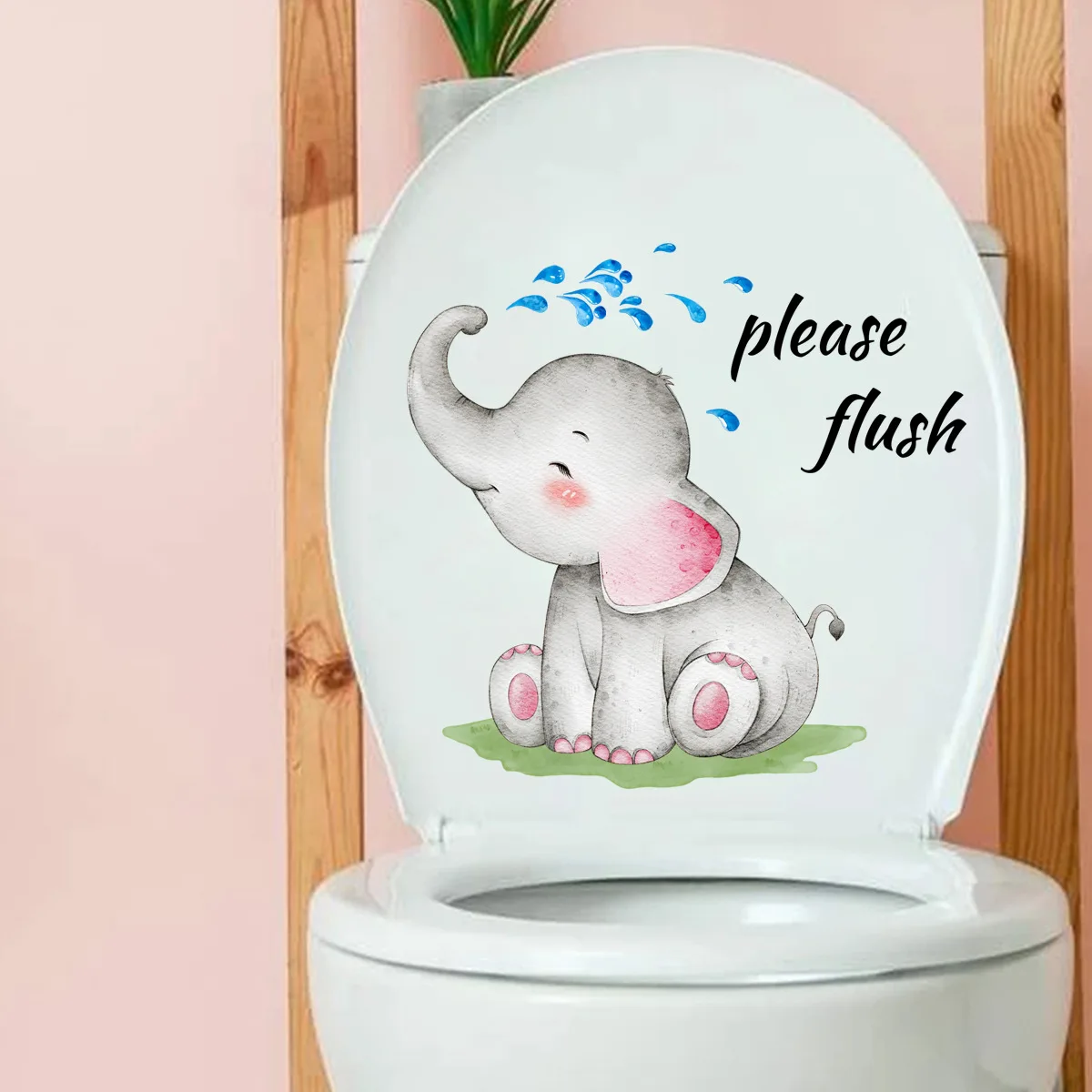 Cartoon Animals Elephant Toilet Stickers,Please Flush Decals for Bathroom Toilet Seats Flush Reminder Vinyl Sticker Decor