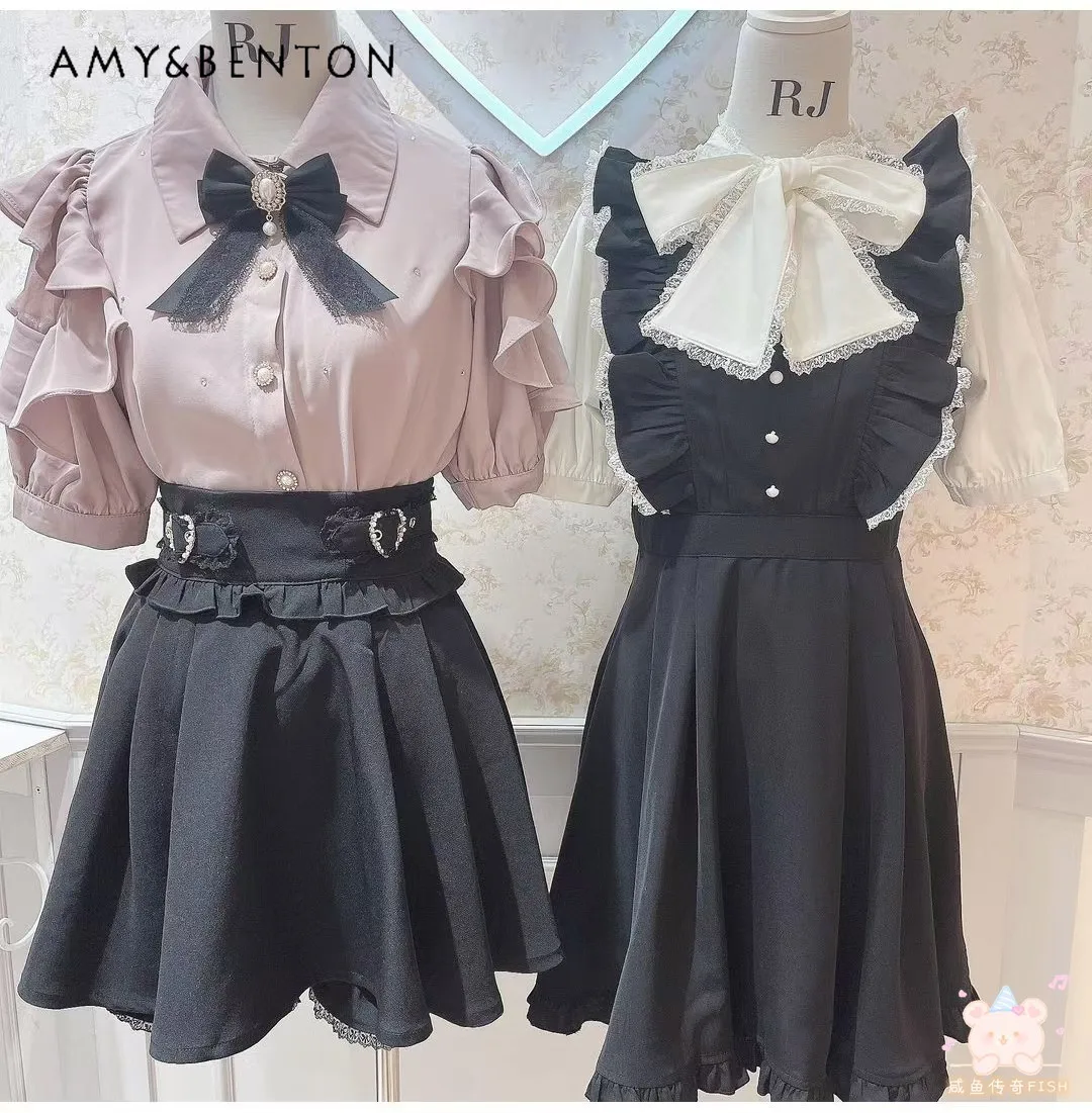 

Japanese RJ New Sweet Cute Bow Fake Two Pieces Dress for Women Mine Series Mass-Produced All-Matching Slim Lolita Mini Dress