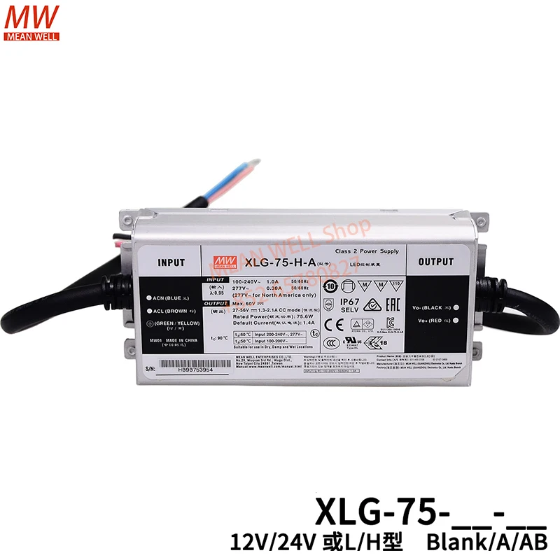 Original MEAN WELL 75W Constant Current Mode LED Driver Switching Power Supply XLG-75-24-A XLG-75-L-A XLG-75-H-A