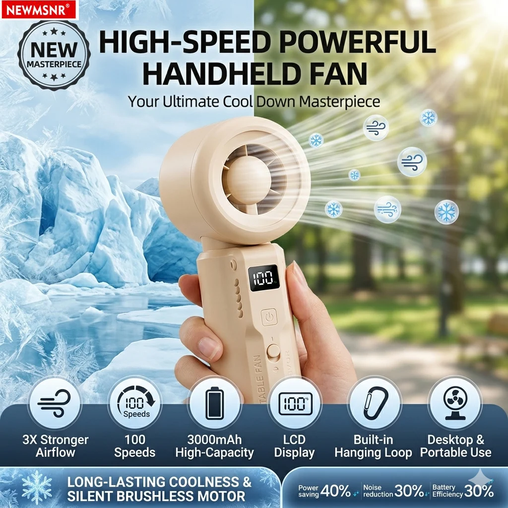 Mini Powerful High-Speed Handheld Fan,100-Speed Continuous Adjustment,3000mAh Battery,Long-lasting Cooling for Travel/Work/Study