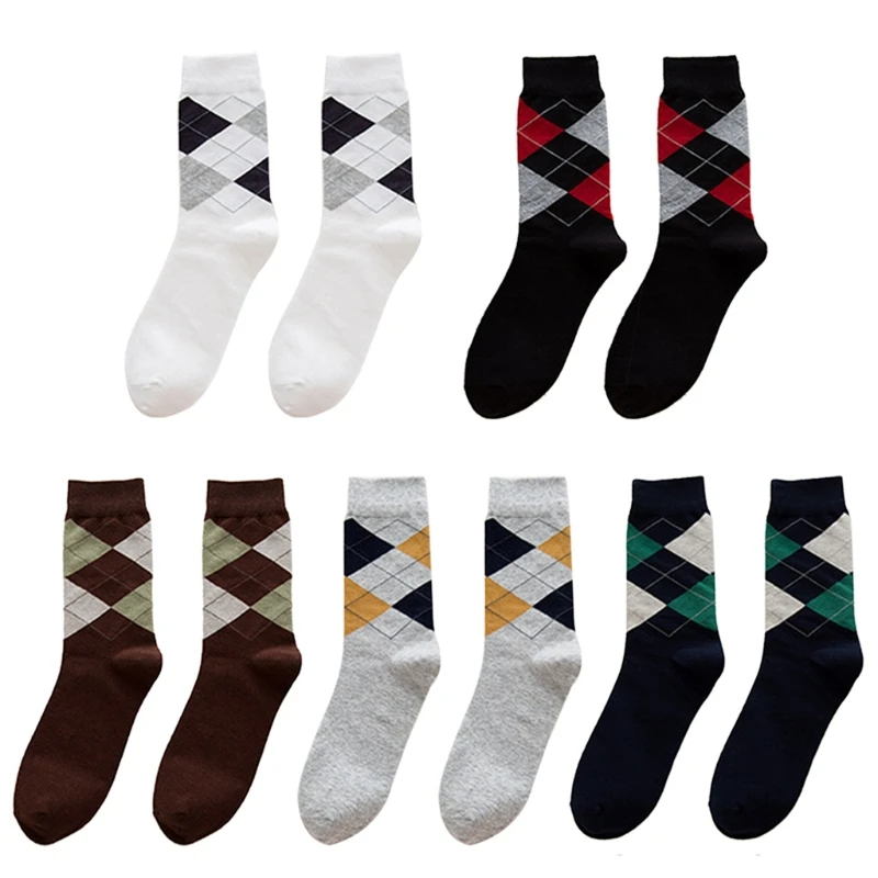 Men Autumn Cotton Socks Vintage Argyle Plaid Patterned Print Breathable Formal Business Casual Tube Hosiery