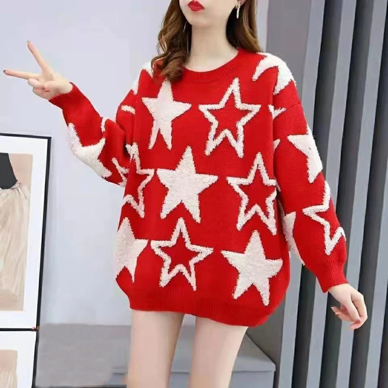 Korean Fashion Star Graphic Oversized Streetwear Harajuku Knitted Sweaters for Women Casual O Neck Long Sleeve Pullovers Jumpers