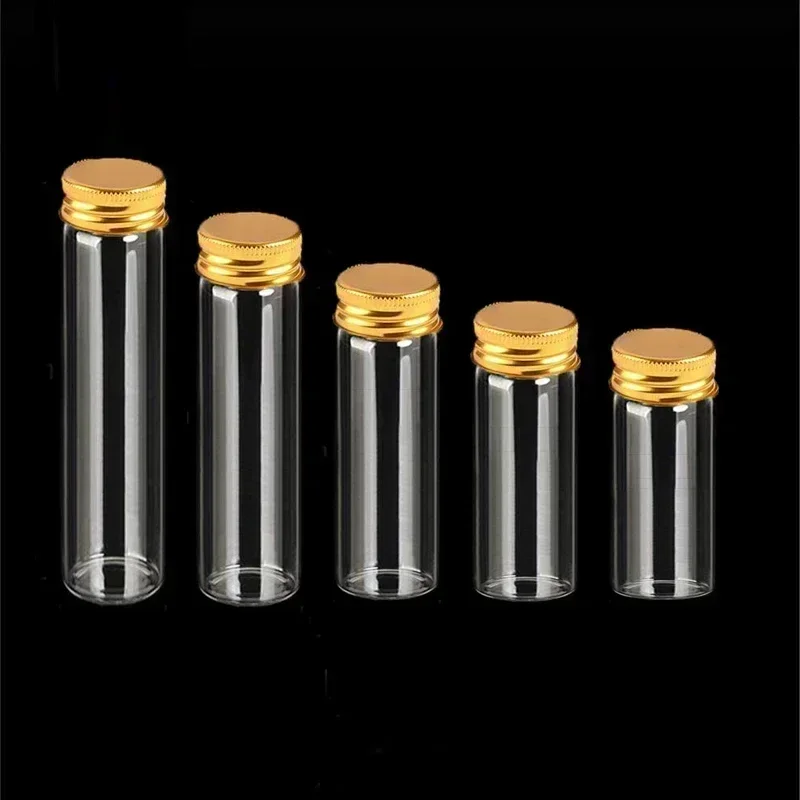 Mini botellas de vidrio de 5-100ml con tapas superiores de tornillo de aluminio, viales de muestra para decoraciones de recuerdos de boda, accesorios de joyería DIY, 5 uds.