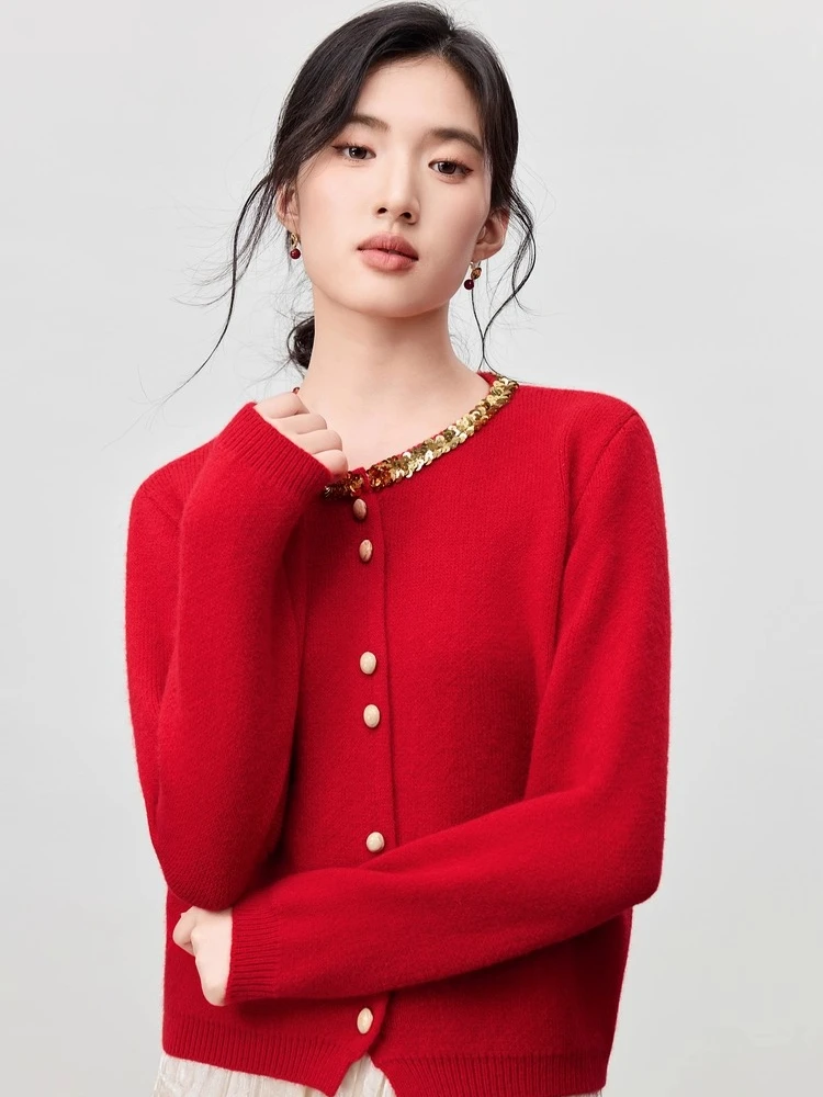 SENTUBILA Cardigan casual da donna 2025 Autunno monopetto con paillettes maglioni tinta unita manica lunga top in maglia femminile W54EB3954