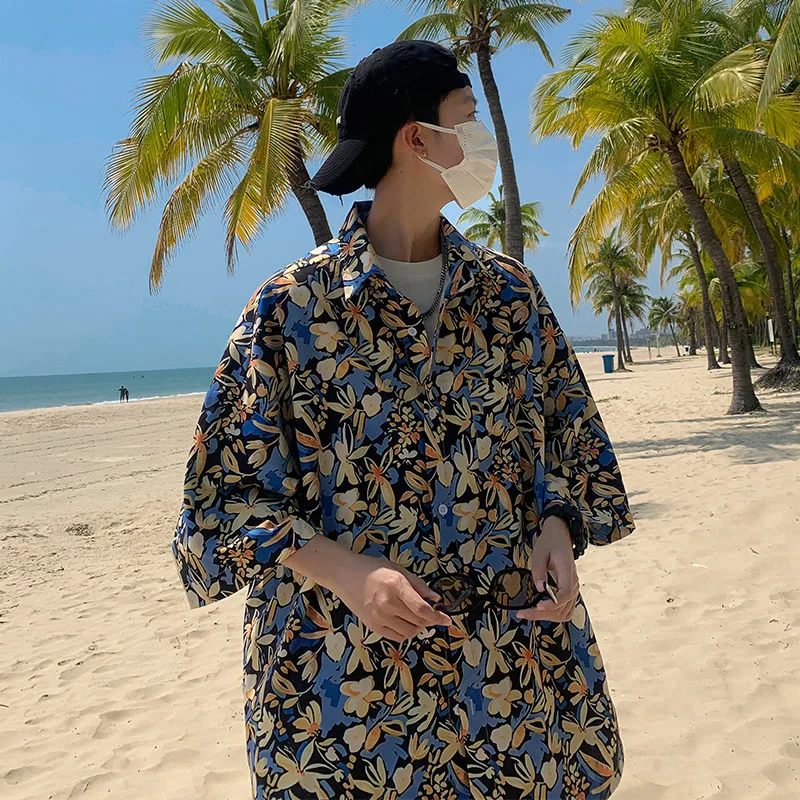 Summer Men's Thin Short Sleeve Hawaiian Printed Shirt Loose Casual Versatile Handsome Tops Retro Beach Vacation Shirt Coat