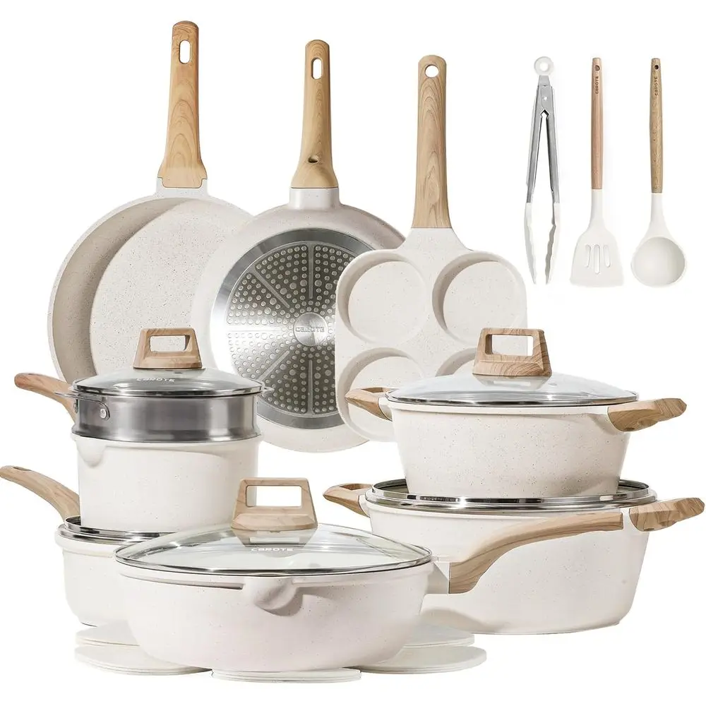 

White Granite Nonstick Induction Cookware Set with Frying Pans and Saucepans