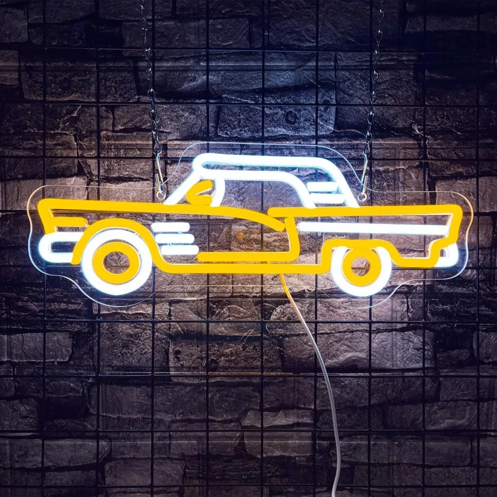 Vintage Sports Car Neon Sign, Cool Dimmable LED Retro Yellow Sports Car Shape Neon Signs for Garage Bar Game Room Man Den Gift