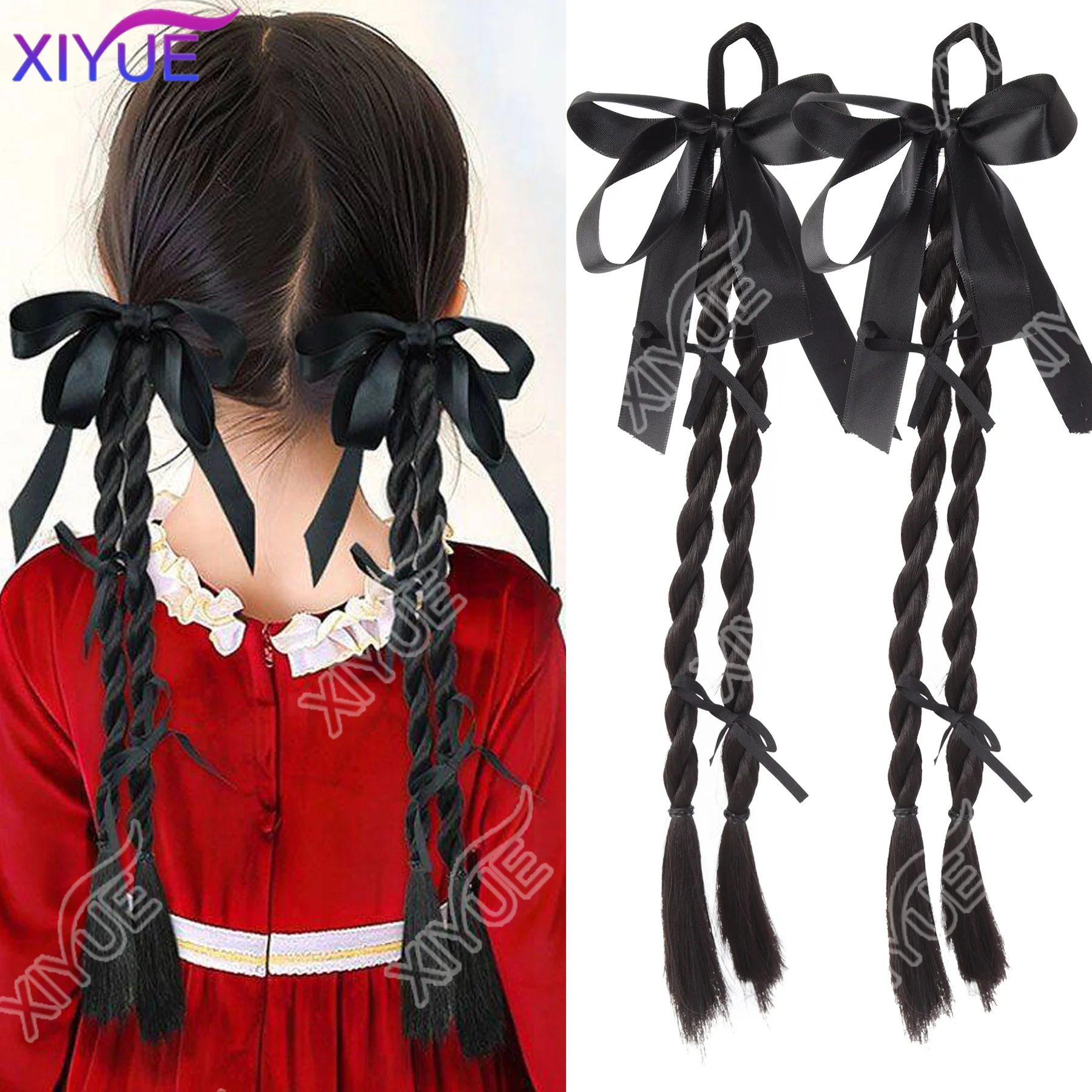

XIYUE Synthetic Tie hair with rubber bands Twist braids Ponytail with Double Twist Long Braid Hair Accessories Ponytail Wig