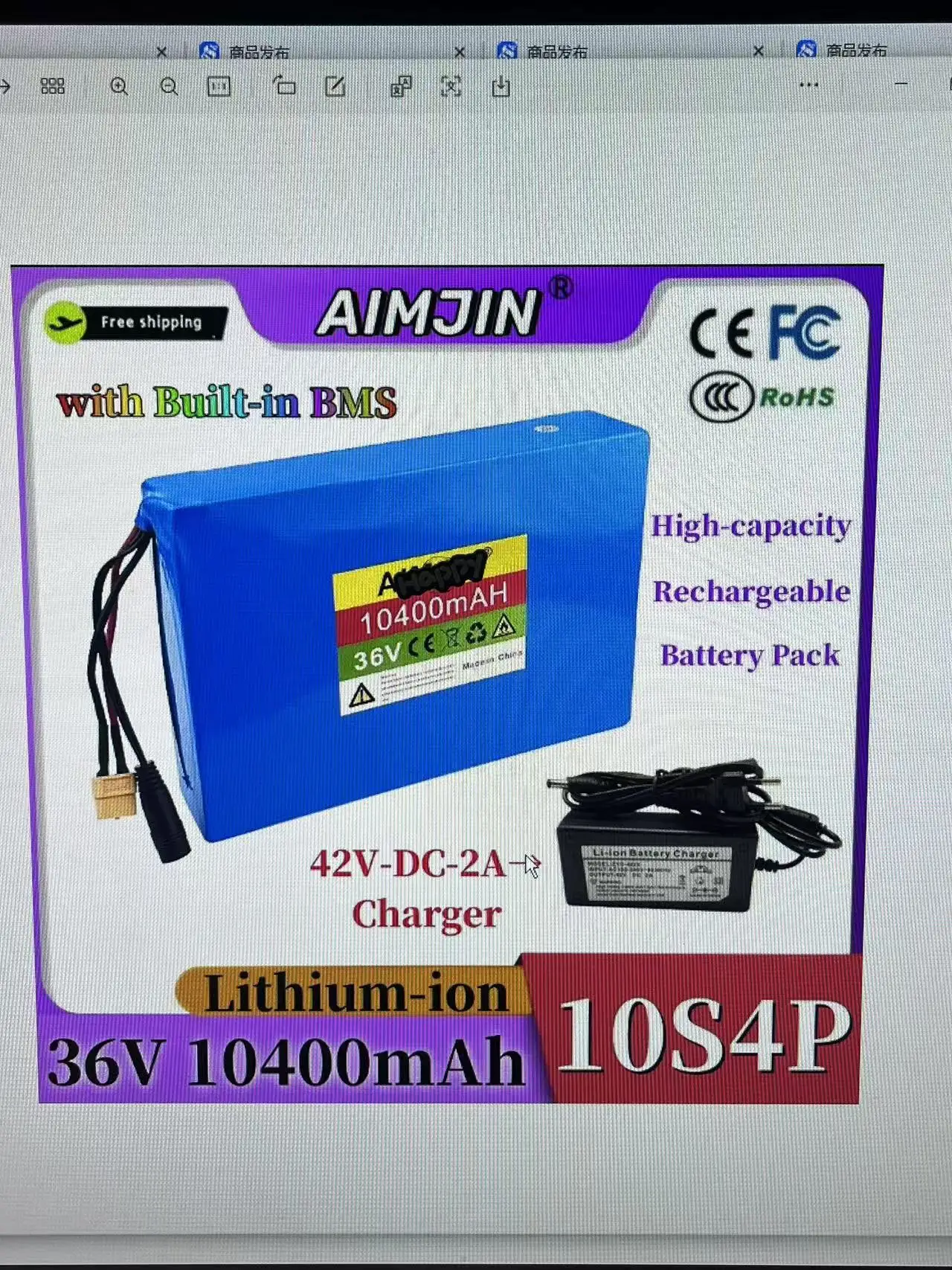 

10S4P 36V 10400mAh 18650 Battery Pack for Scooter - 10.4Ah Long-Run Time Rechargeable E-Scooter Power Cell with BMS Protection