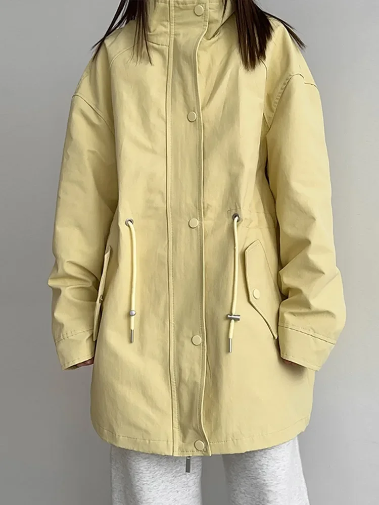 

Women Solid Waist Cinching Jacket High Collar Full Sleeve Pocket Single Breasted Coat 2025 New Autumn Lady Daily Street Outwear