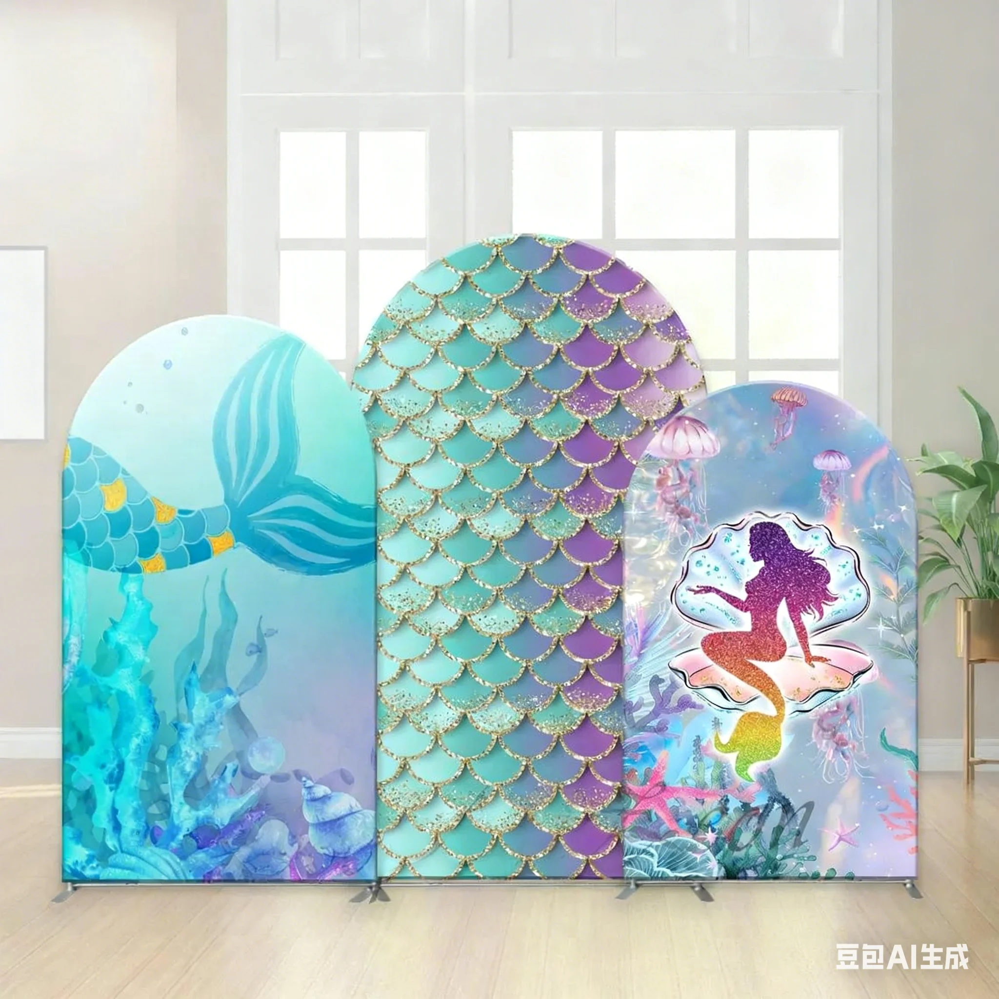 

LS Mermaid Princess Girl Birthday Arch Background Photography Studio Colorful Fish Scales Backdrop Decor Underwater Party Booth