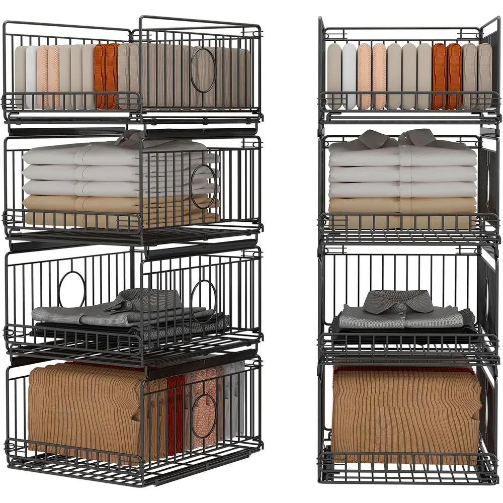 

Штабелируемые металлические корзины с выдвижной направляющей для гардероба, черные ящики-органайзеры для одежды и аксессуаров