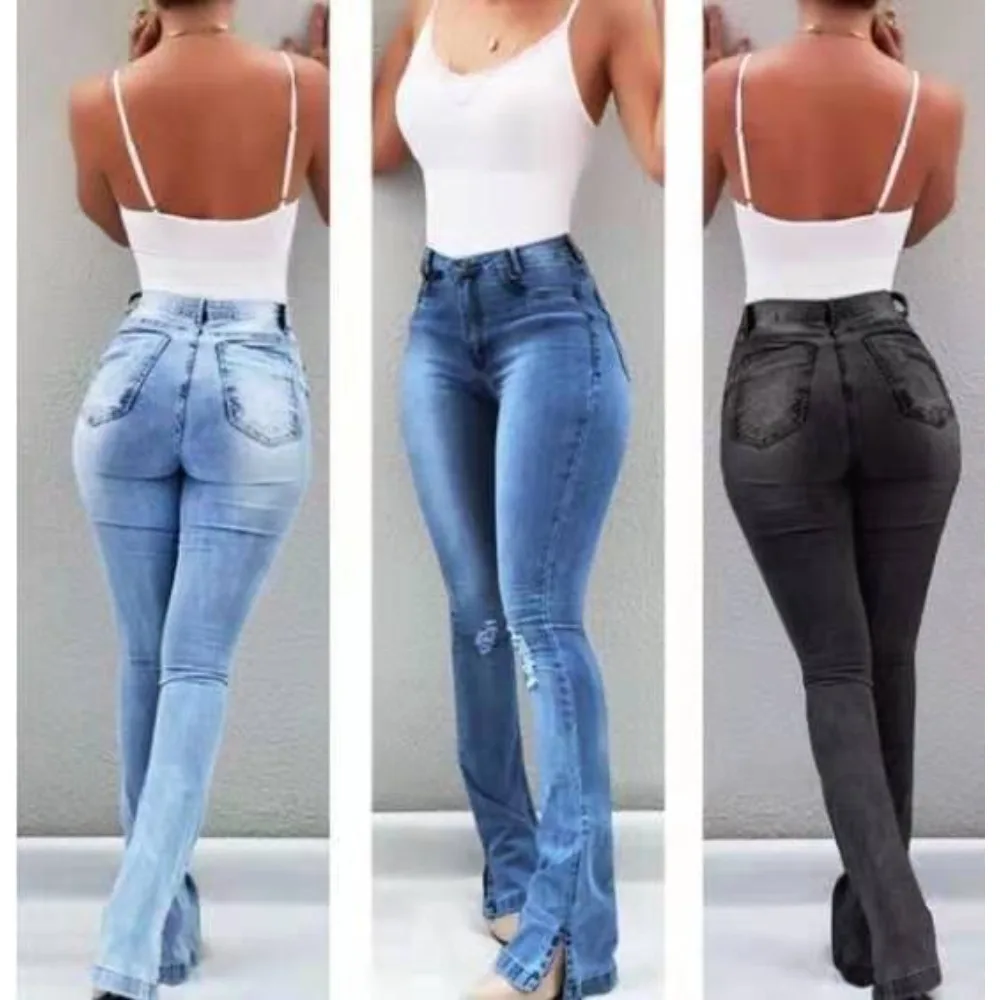 Women Vintage Washed Stretch Butt-Lift Flare Pants South American Style Wide Leg Trousers Spring Autumn European Style Ladies