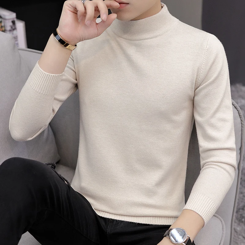 

Men's Knitted Sweater f High Collar mid Autumn Winter Versatile Slim Pure Color Knit Base irt Trendy Men's Faion