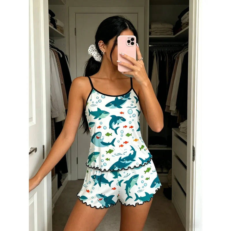 

Women Spring Summer Fall Pajama Set Spaghetti Strap Ruffle Trim Round Neck Sleeveless Cami Shorts Cute Cartoon Shark Fish Print