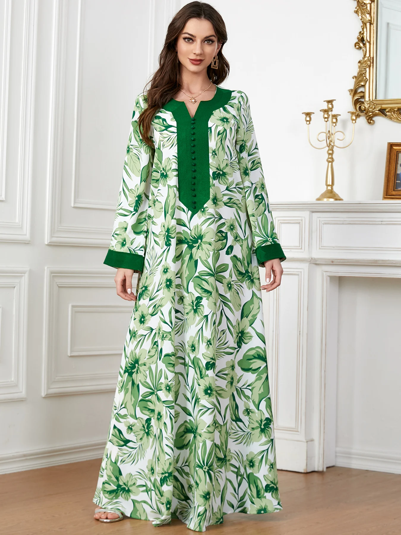 

Floral Moroccan Kaftan for Women Printed Islamic Long Dresses Gulf Jalabiya Muslim Dubai Arabic Party Gowns Modest Abaya Eid