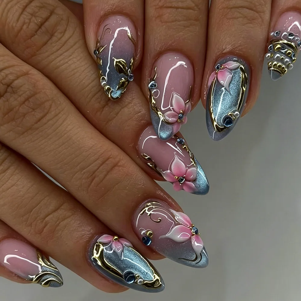 24pcs Gilded Lines Design Press on Nails Sets Flower Blue Cat's Eye French Fake Nails Tips Almond Full Cover Wearable False Nail