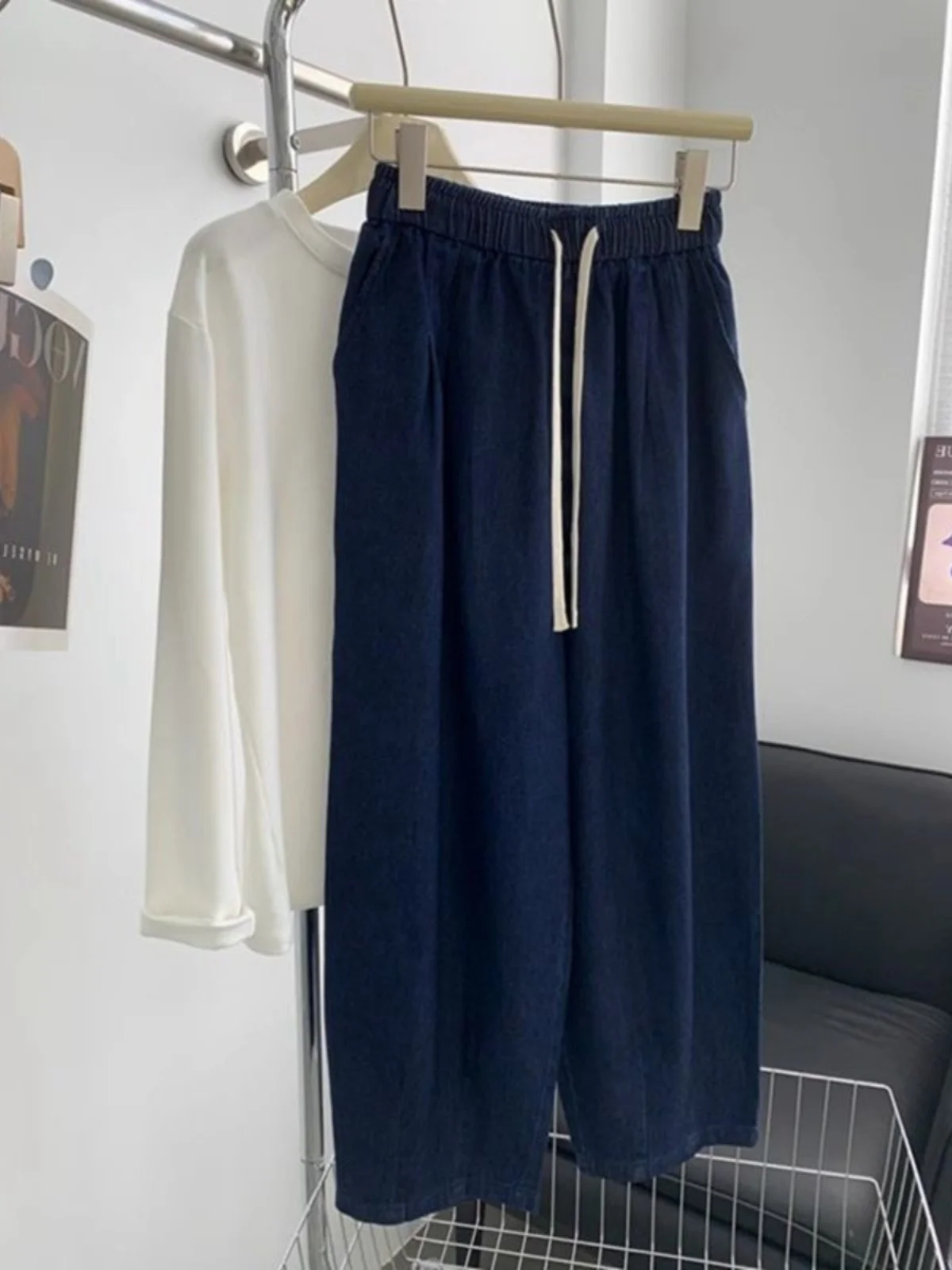 

plus Size Women's Elastic Waist Jeans Loose Thin Wide Leg Dad Pants Summer Casual High Waist Korean Sle Pure Color