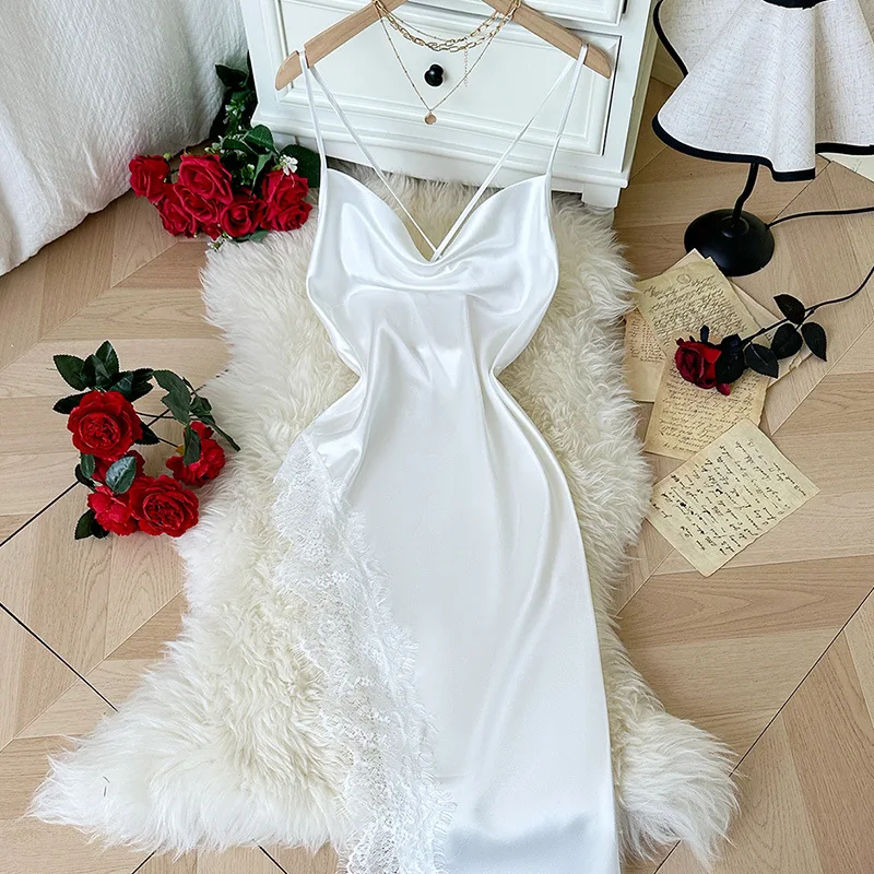 

Сексуальная ночная рубашка с кружевным ремешком, женская длинная ночная рубашка, шелковистое атласное платье, домашнее платье, летняя ночная рубашка, пижама с открытой спиной, одежда для сна