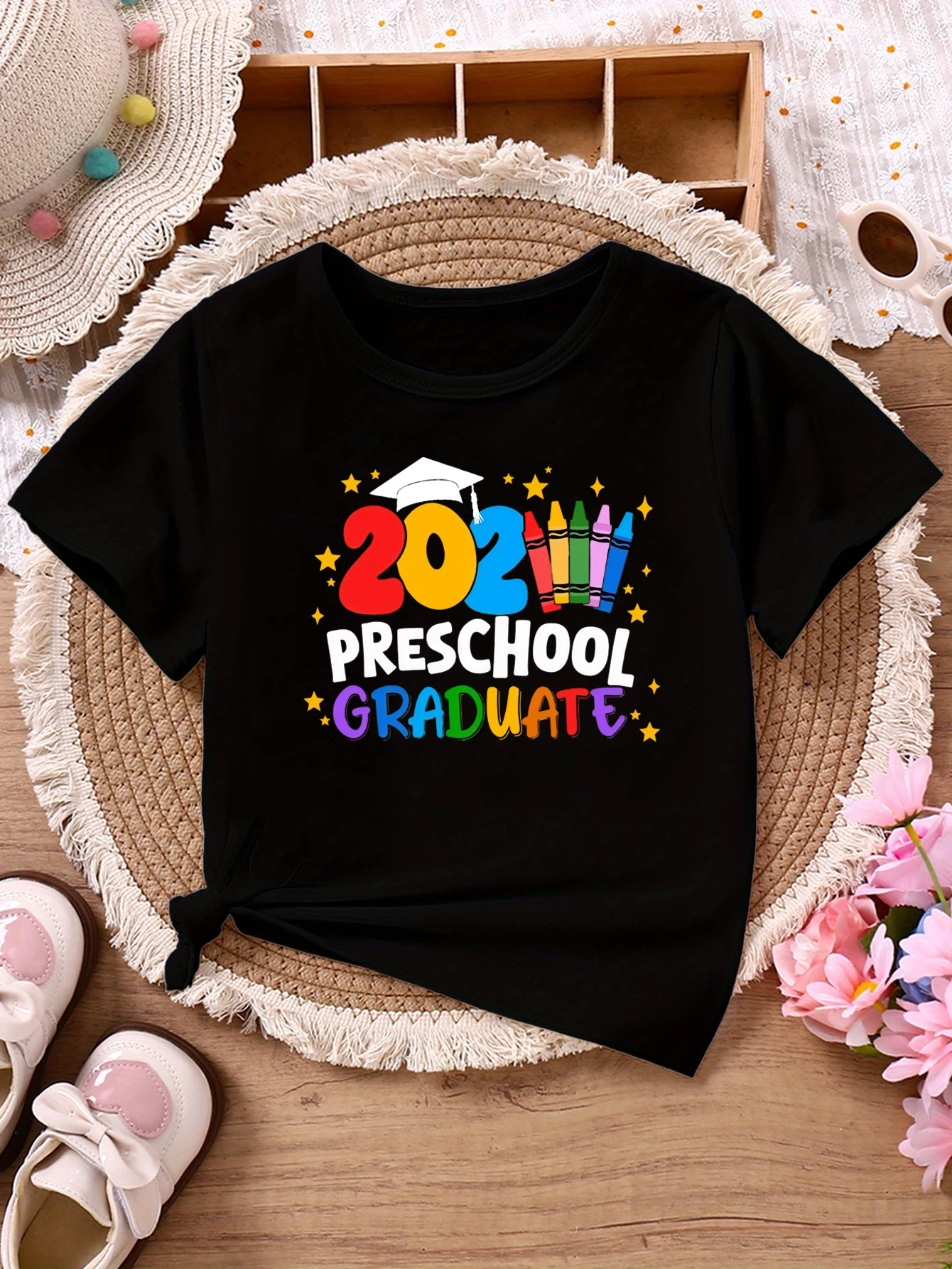 2026 Preschool Graduate Crayon Printed T Shirt Girls/Boys Funny Kids Clothes Summer Short Sleeve T-Shirt