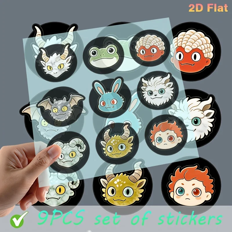 2D Flat Cute Mythical Monster Round Waterproof Vinyl Stickers Cartoon Dragon Bat Creature Decals Holiday Gift For Car Laptop