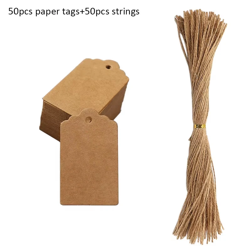 50pcs Kraft Paper Tags White Cardboard Cards with Strings Wedding Birthday Christmas Party Gift Tag Cookie Packaging Supplies