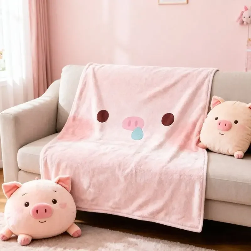 VIKAMA Cute Pig Flannel Blanket for Bedroom Dormitory Nap Sofa Throw Blanket Air Conditioner Camping Travel Blanket Home Decor