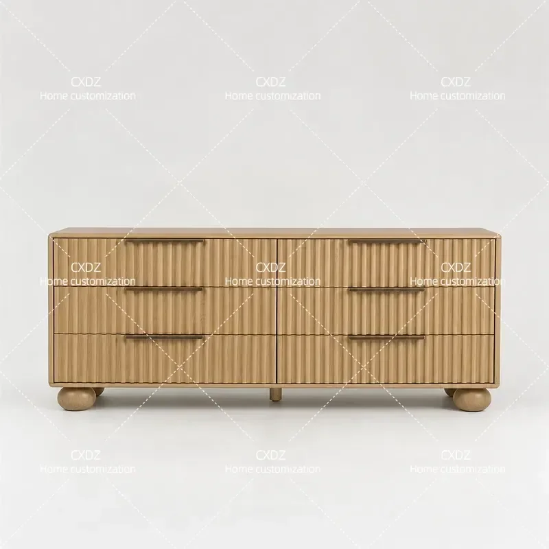 Medieval Solid Wood Six Drawer Chest Cabinet Retro Striped Dresser for Living Room Bedroom Storage Organizer Furniture