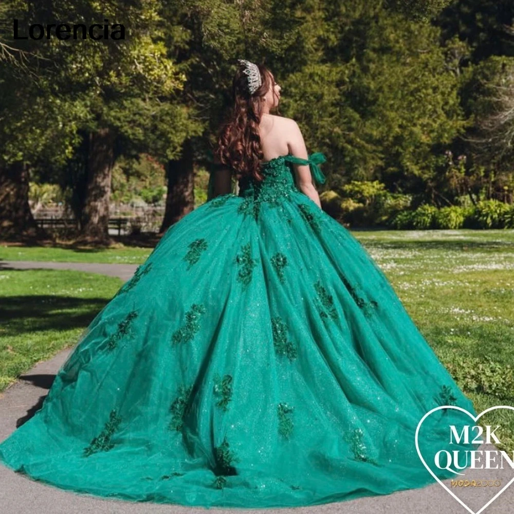 

Lorencia Glitter Green Quinceanera Dress Ball Gown Shiny Lace Applique Beading Mexico Corset Sweet 16 Vestidos De 15 Años YQD960