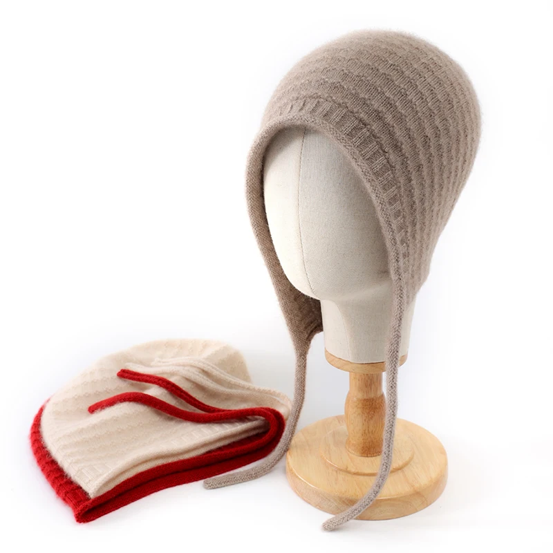 LHZSYY 100% Cashmere Hat for Women Winter Knitted Wool Hat Versatile Head Wrap Solid Color Cold Hat Warm Tie Ear Protection Hat