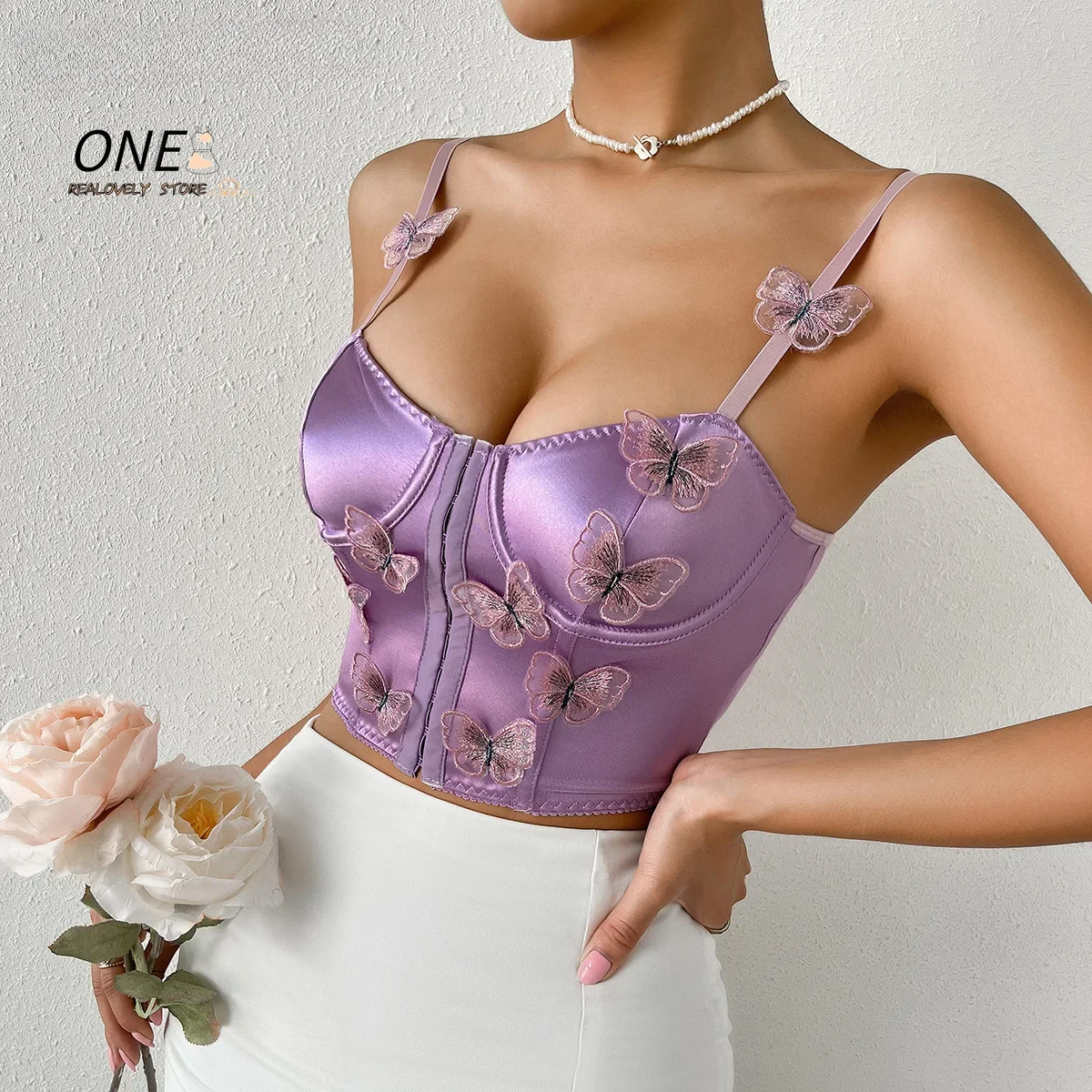 

Women Summer Skinny Camisole Sexy Sleeveless Backless Bustier Chic Tops Female Satin 3D Butterfly Decor Crop Tops Corset Tops