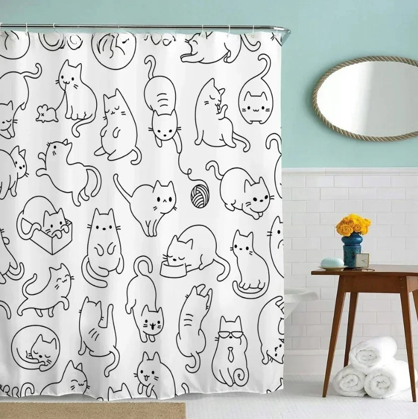 Cute Cartoon Line Drawing Cat Print Shower Curtain Waterproof Mildew Resistant Fabric With Plastic Hooks Easy Install