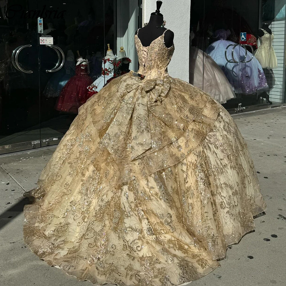 Vestido De baile De quinceañera con lazo De encaje con lentejuelas doradas, corsé con volantes y tirantes finos, 15 Años