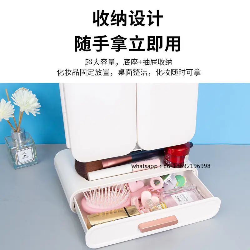 Desktop Makeup Shell Mirror with Lamp Storage Folding Vanity Mirror Adjustable Mirror, A Gift That The Fairy Cannot Refuse