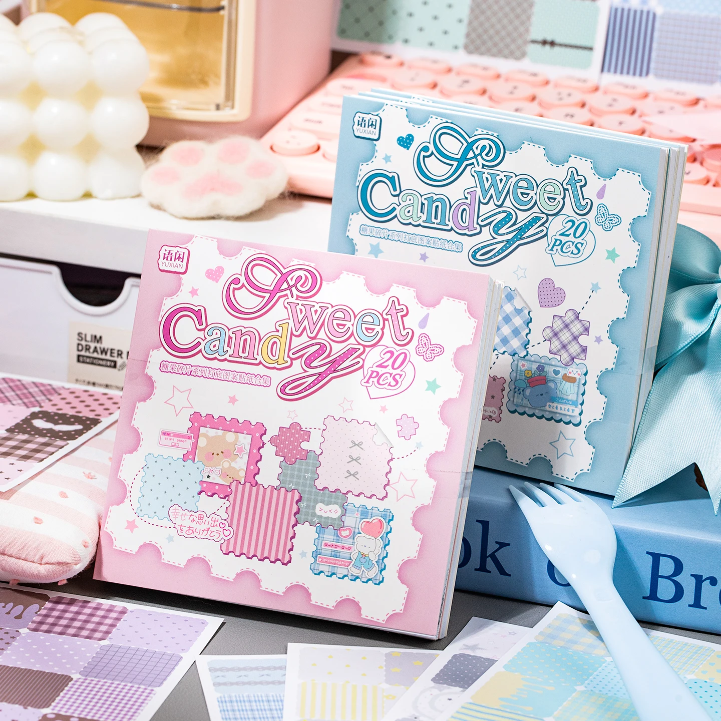 20 Pcs Sweet Candy‑theme Coated Paper Sticker Book, Wavy‑edge Cute Bear Checkered Frame Stickers for Junk Journal, Planner DIY
