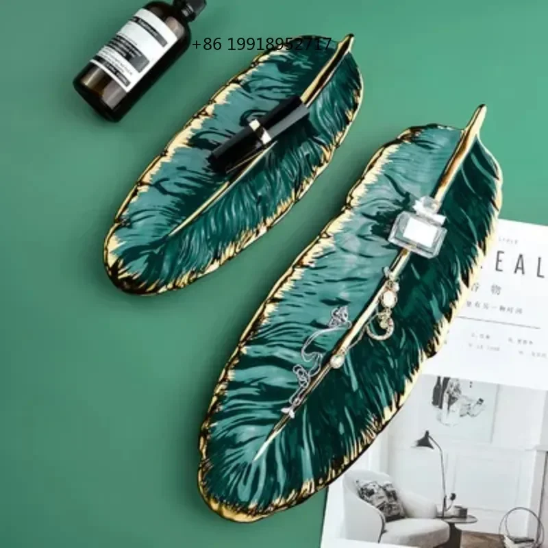 Luxury Ceramic Platter Storage Tray with Glod Rim Green Leaf Glod Feather Jewelry Makeup Brush Storage Decorative Sushi JJ26