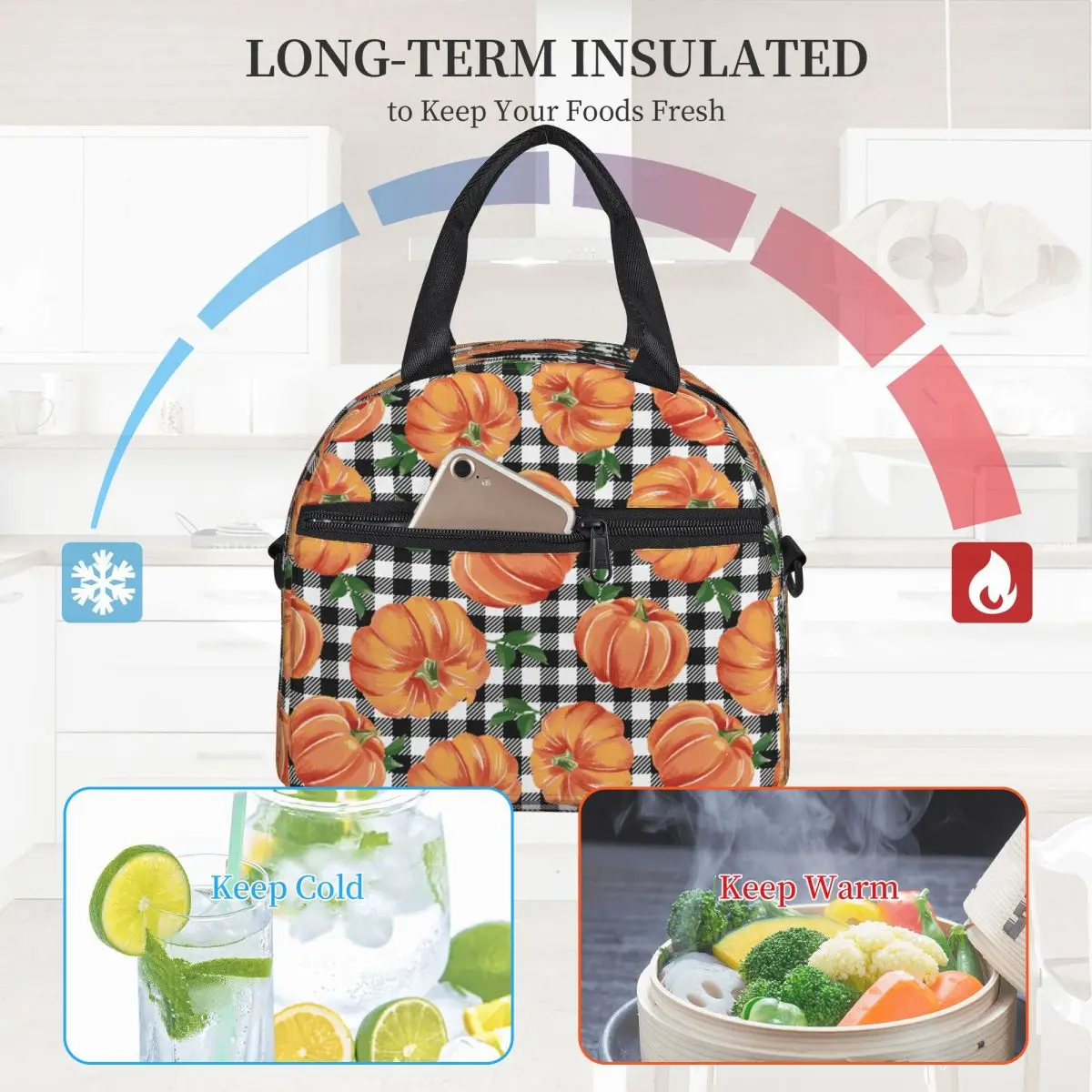 Large Lunch Box With Adjustable Shoulder Strap Fall Autumn Pumpkins Product Storage Food Box Cooler Thermal Bento Box For School