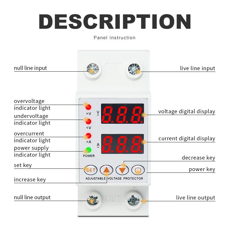 40A 63A AC 220V Din Rail Dual Display Adjustable Over Voltage Current and Under Voltage Protective Device Protector Relay