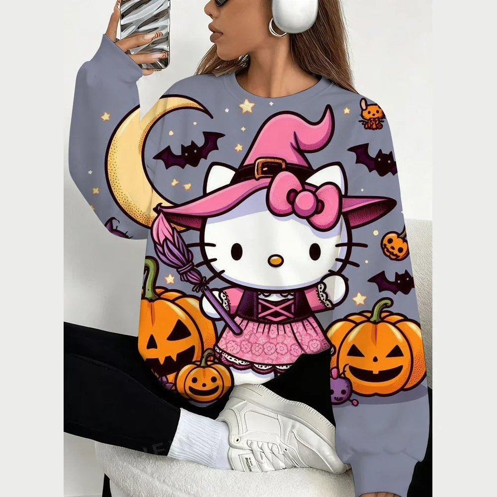 Women Hoodies Halloween Hello Kitty Print Sweatshirt Women Fashion Crew Neck Pullover Hoodie Hello Kitty Female Coat