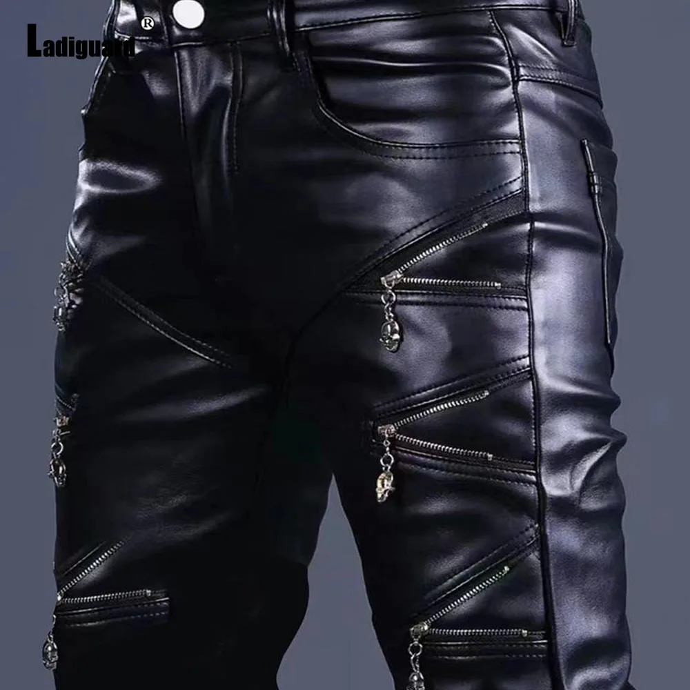

2025 Rock Style PU Leather Pants Men Fashion Multi-Zipper Faux Leather Pencil Pants Sexy Night Club Dance Motorcycle Trouser New