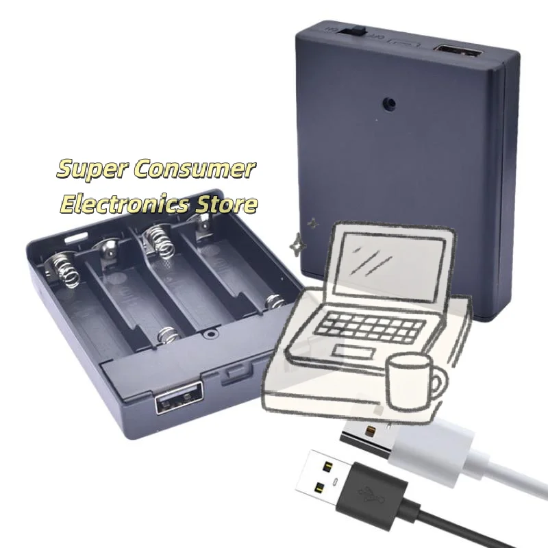 Portable 4xAA USB Battery Case - 5V Power Supply Box for LED Strips, Lights & DIY Projects