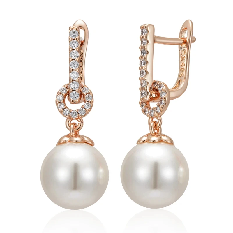 Wbmqda Elegant Pearl Drop Earrings for Women 585 Rose Gold Color With Natural Zircon Luxury Wedding Party Fine Jewelry