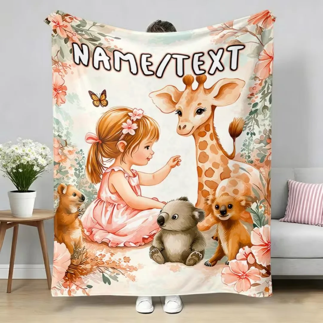Custom Name Text Girl Style Giraffe Koala Bear Flannel Blanket, Soft Throw for Sofa & Camping