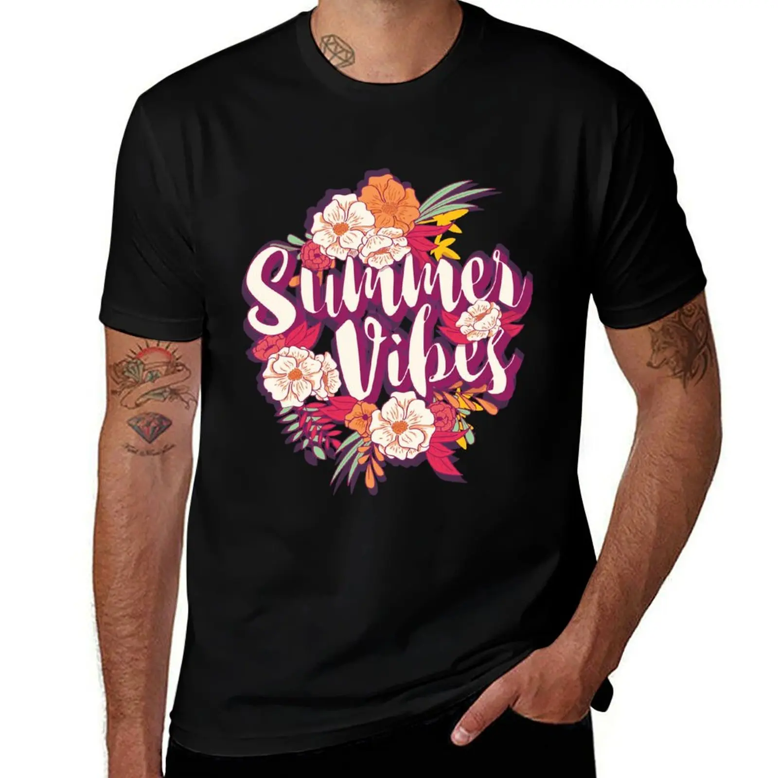 Summer vibes typography banner round design in tropical flower frame, vector illustration T-Shirt Breathable Mesh Panel T-Shirt
