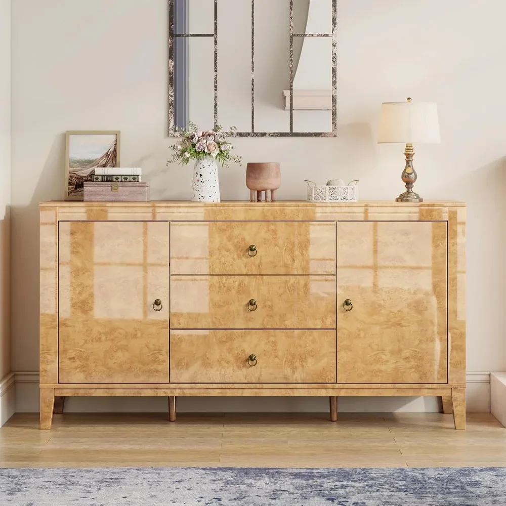 60'' Sideboards with 3 Drawers & 2 Closed Storages, Mid-Century Modern Sideboard, Blond Burl, High Gloss Sideboards