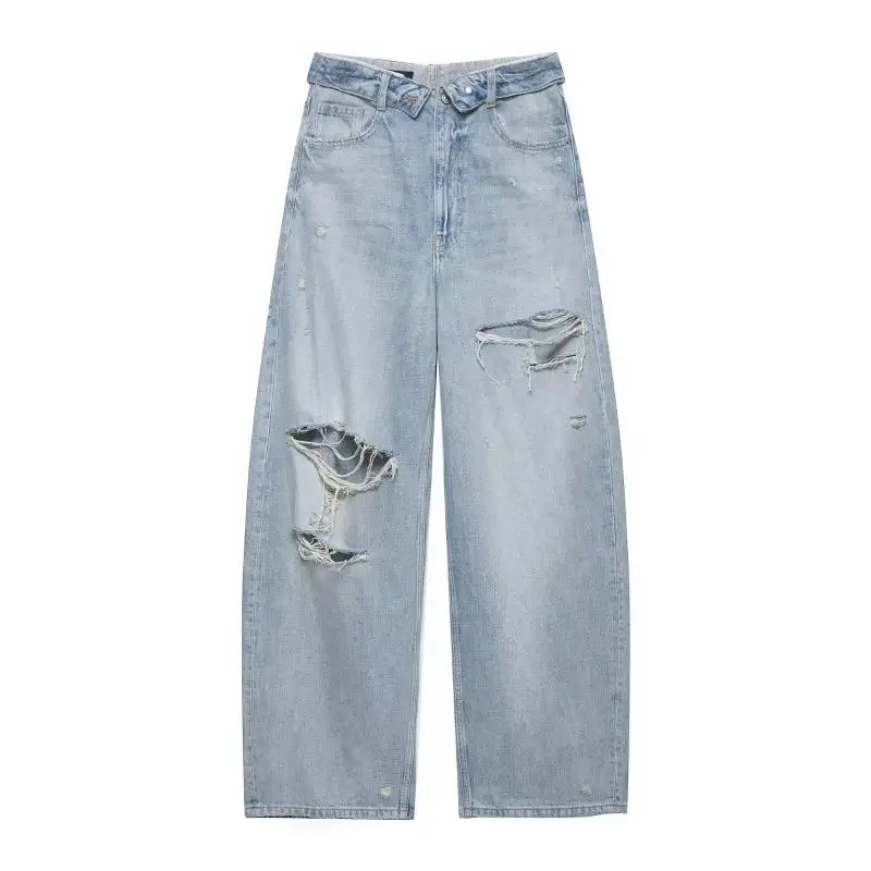 Withered American Retro Old School Women's Denim Pants Woman Clothes Women's Jeans Street Versatile Mid Waist Wide Leg Jeans