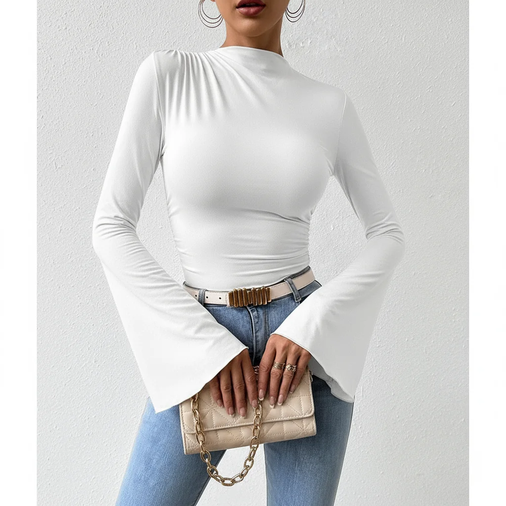 

Женский комбинезон с высоким воротником, рукава-колокольчики, облегающий, плиссированный, приталенный крой, белый топ, базовый слой, шорты комбинезона