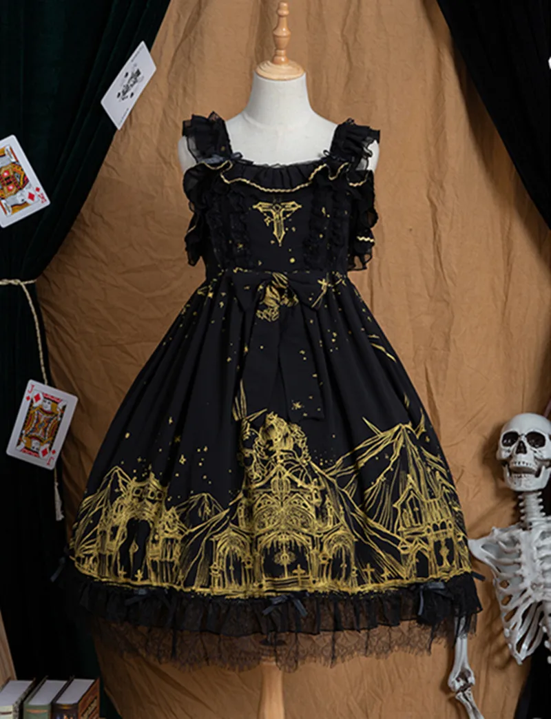 

Gothic Lolita Dress THE Church Print Black Lolita One Piece Dress